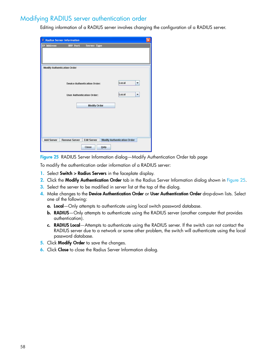 HP SAN manual Modifying Radius server authentication order 