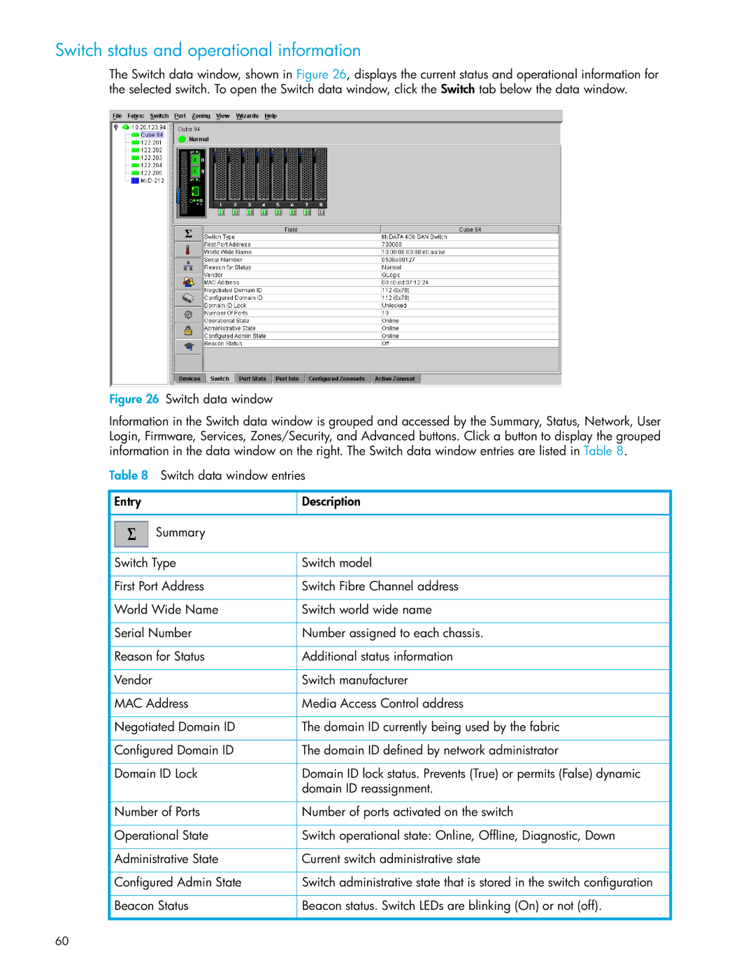 HP SAN manual Switch status and operational information, Switch data window 