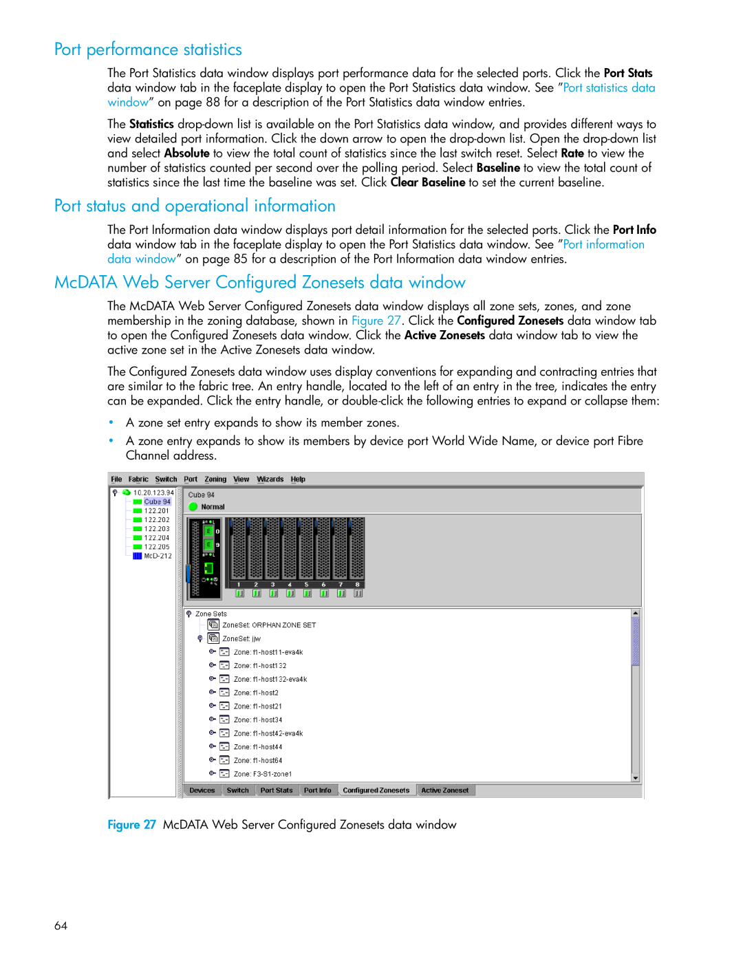 HP SAN manual Port performance statistics, Port status and operational information 