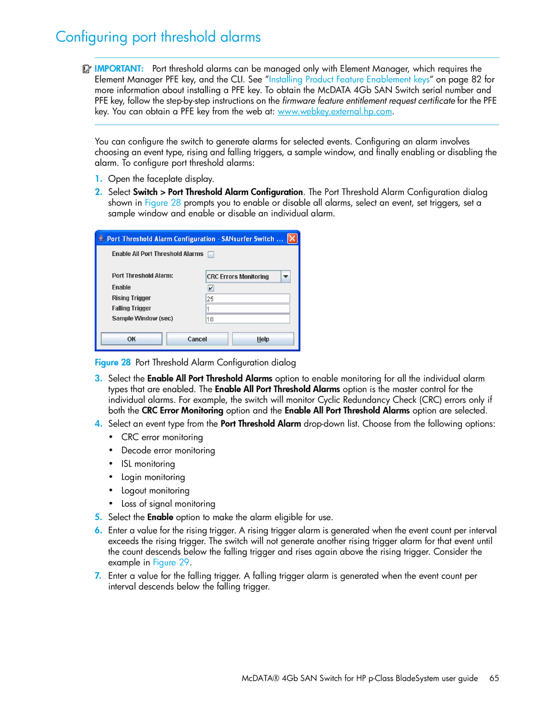 HP SAN manual Configuring port threshold alarms 