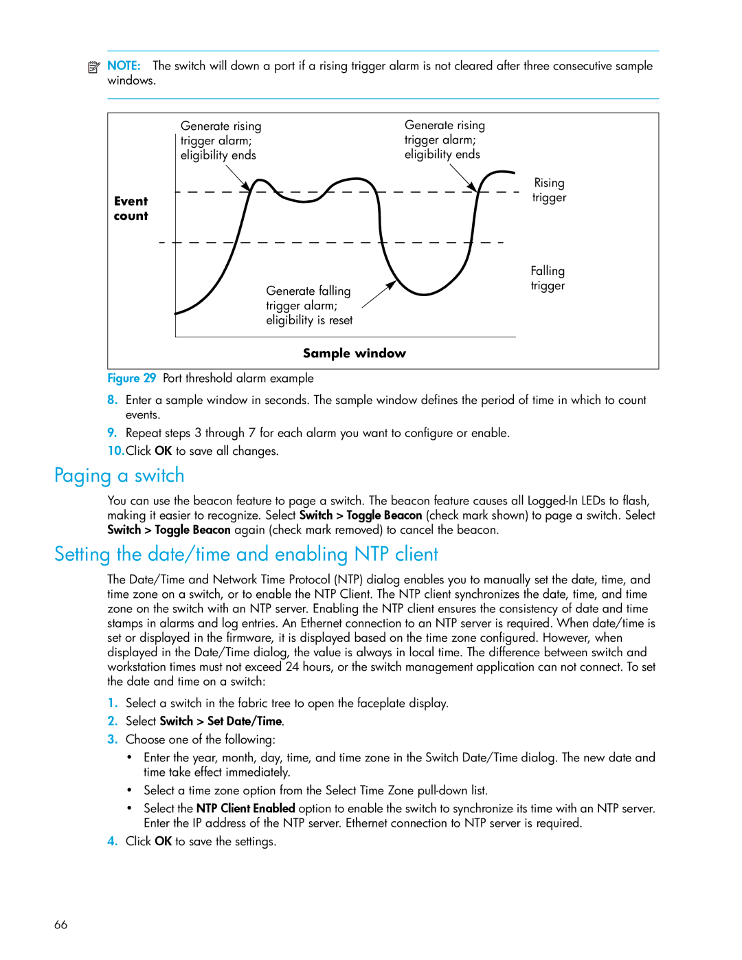 HP SAN manual Paging a switch, Setting the date/time and enabling NTP client 