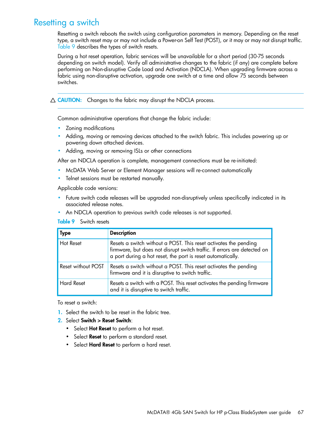 HP SAN manual Resetting a switch 