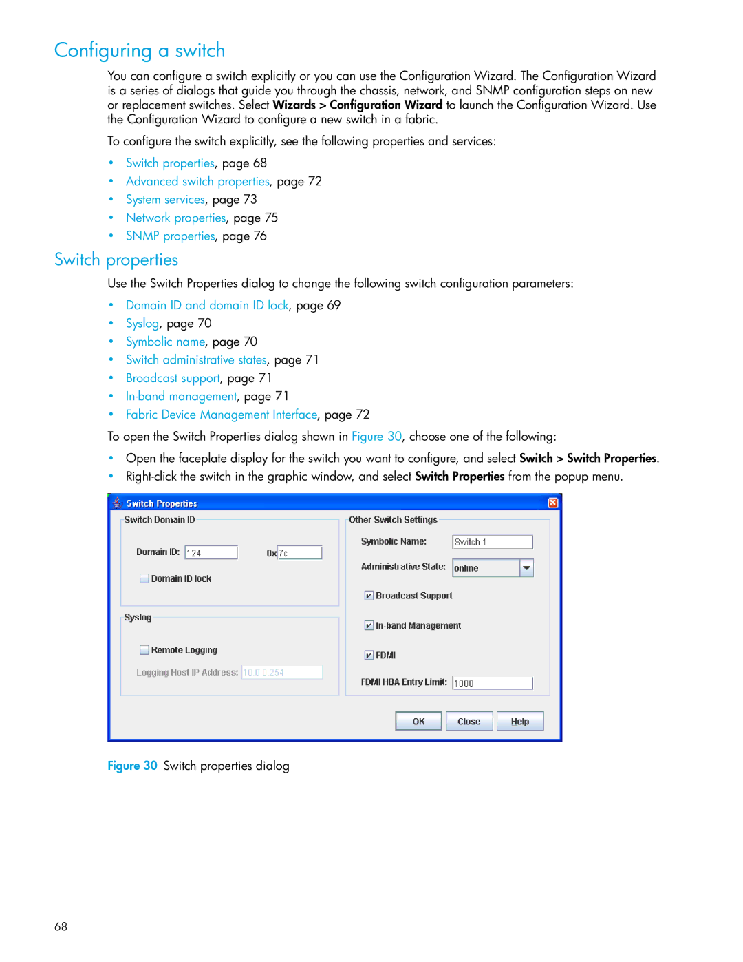 HP SAN manual Configuring a switch, Switch properties 