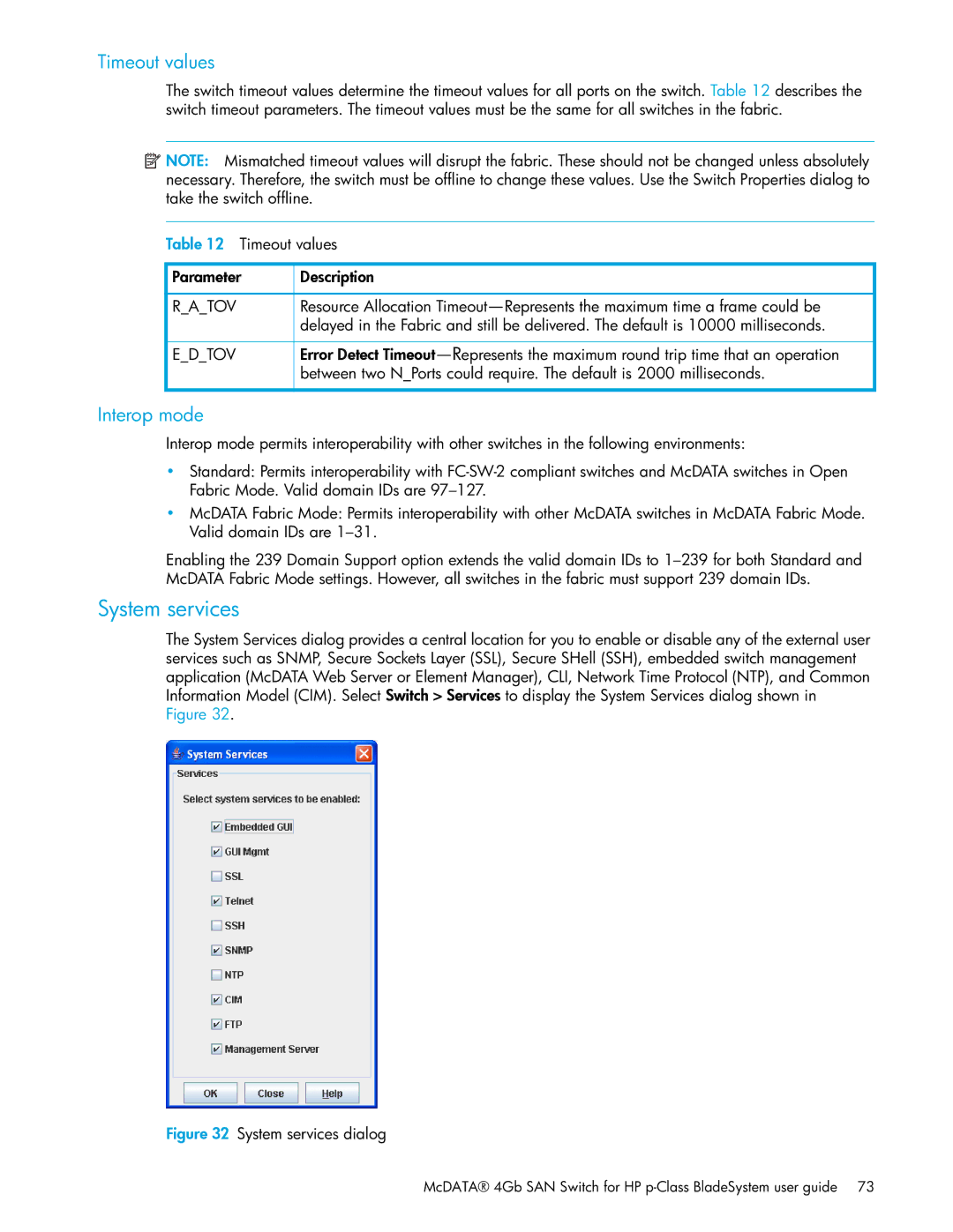 HP SAN manual System services, Timeout values, Interop mode 