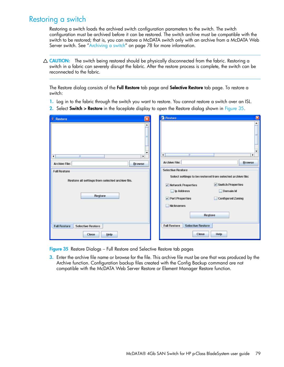 HP SAN manual Restoring a switch 