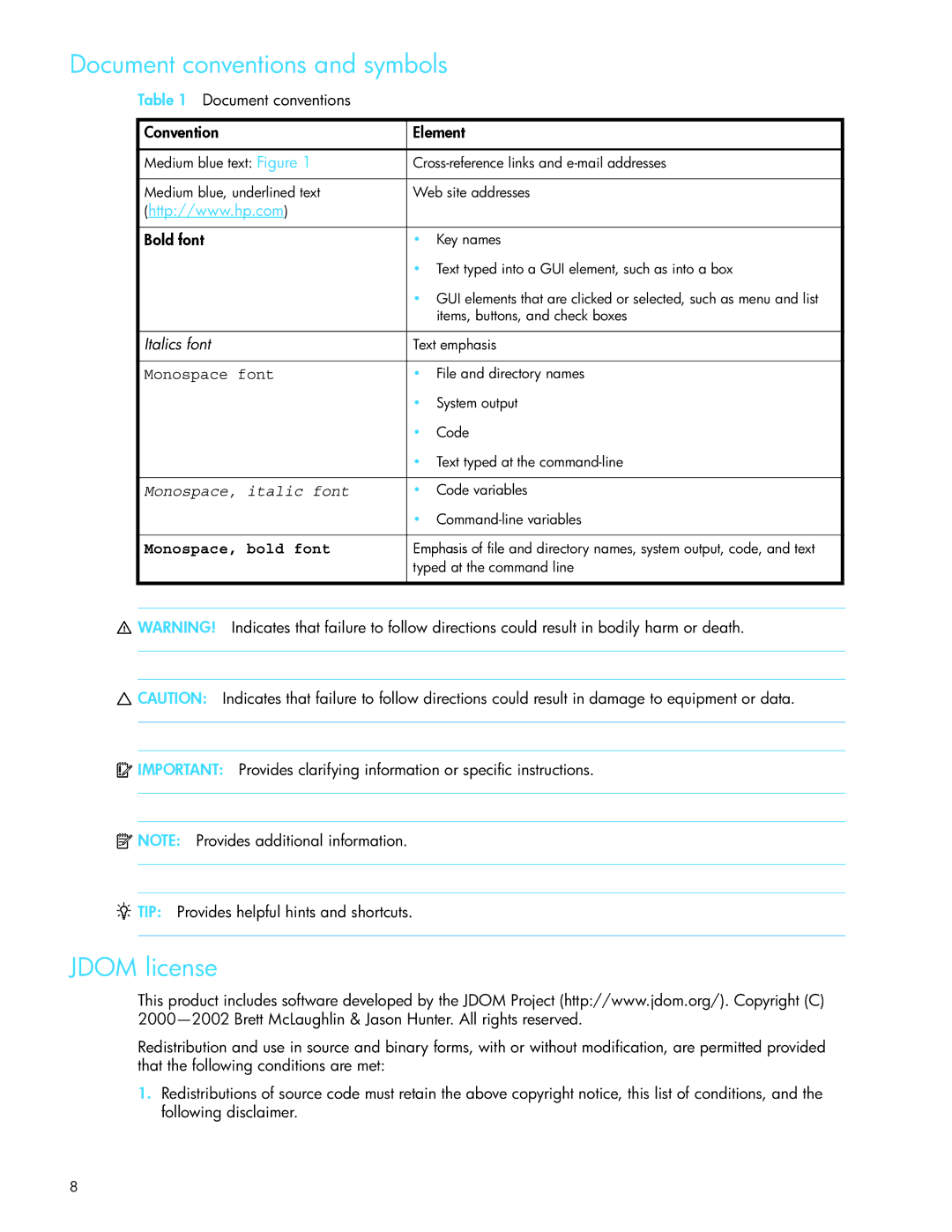 HP SAN manual Document conventions and symbols, Jdom license 