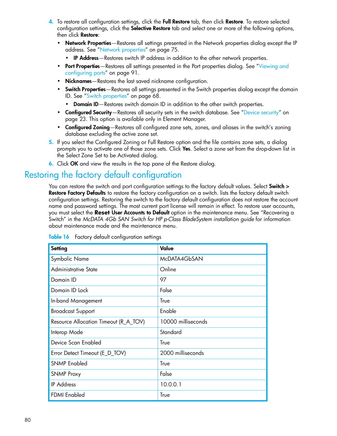 HP SAN manual Restoring the factory default configuration 