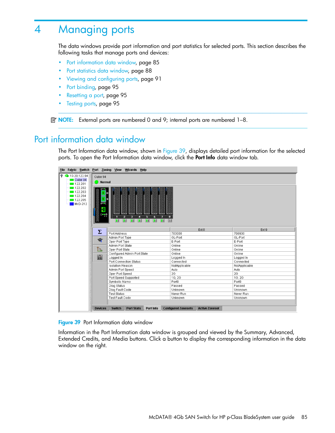 HP SAN manual Managing ports, Port information data window 