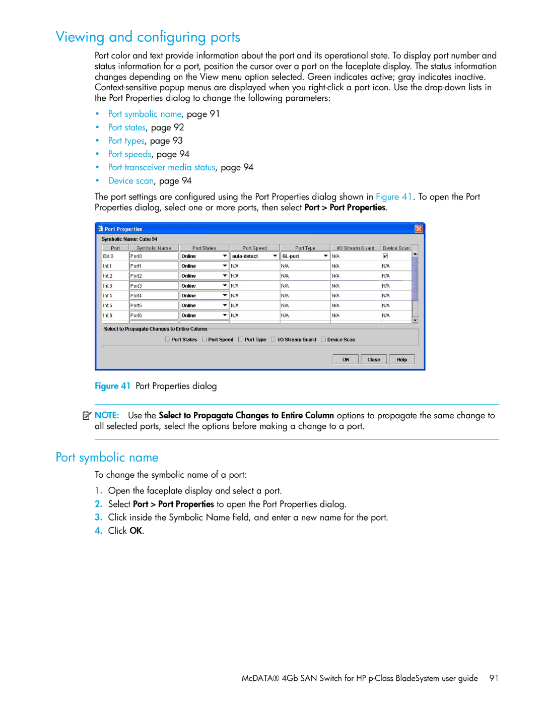 HP SAN manual Viewing and configuring ports, Port symbolic name 