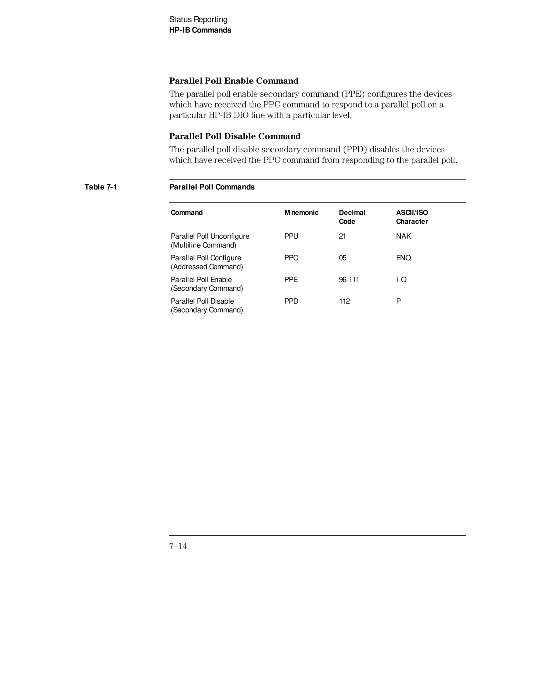HP Sander 16500C manual HP-IB Commands, Parallel Poll Enable Command, Parallel Poll Disable Command, Parallel Poll Commands 