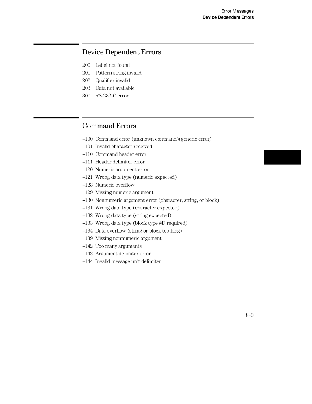 HP Sander 16500C manual Device Dependent Errors, Command Errors 