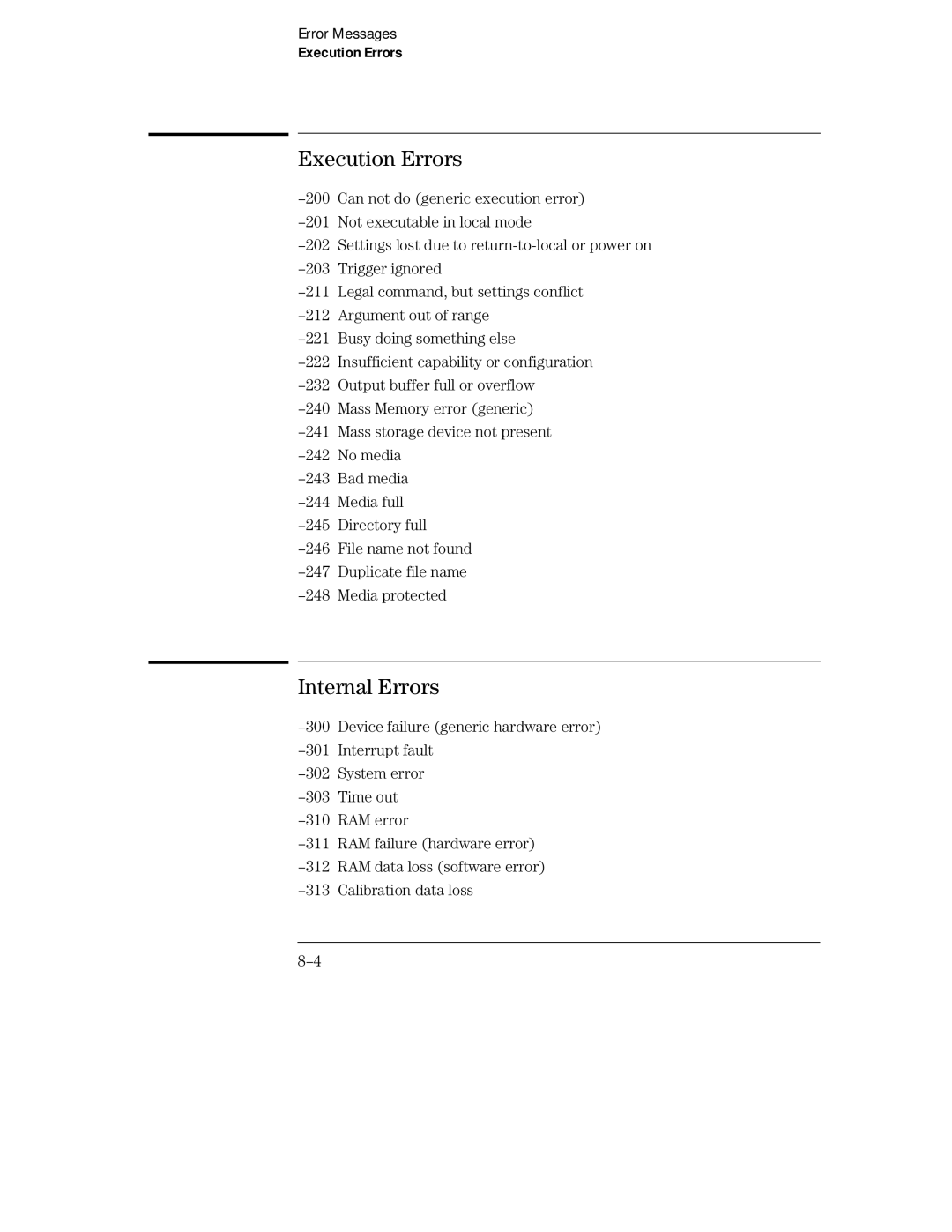 HP Sander 16500C manual Execution Errors, Internal Errors 