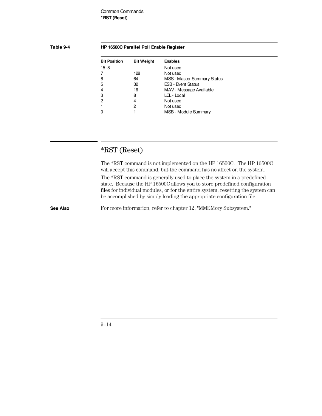 HP Sander 16500C manual RST Reset HP 16500C Parallel Poll Enable Register 