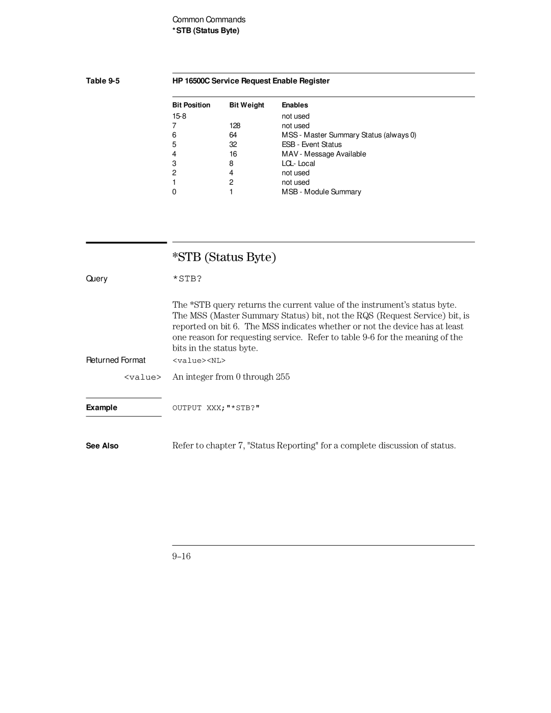 HP Sander 16500C manual Stb?, STB Status Byte HP 16500C Service Request Enable Register, Bits in the status byte 