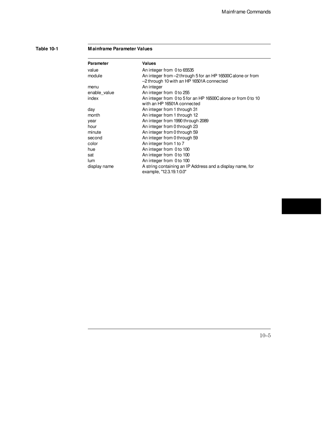 HP Sander 16500C manual Mainframe Parameter Values, 10-5 