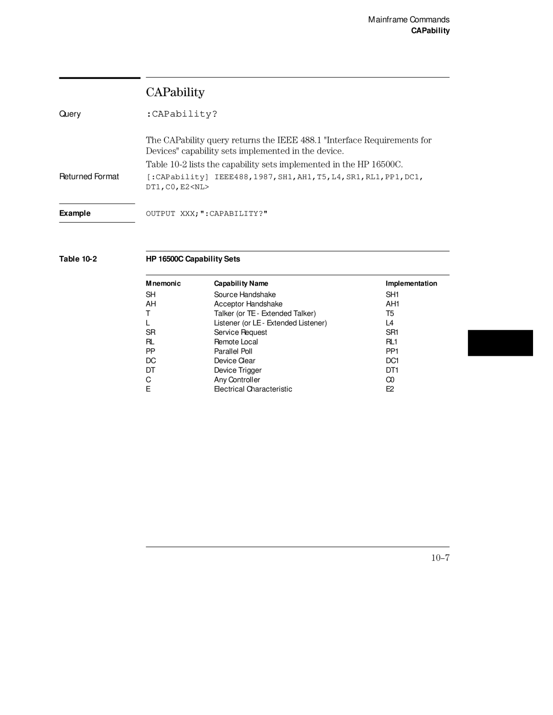 HP Sander 16500C manual CAPability?, HP 16500C Capability Sets, Mnemonic Capability Name 