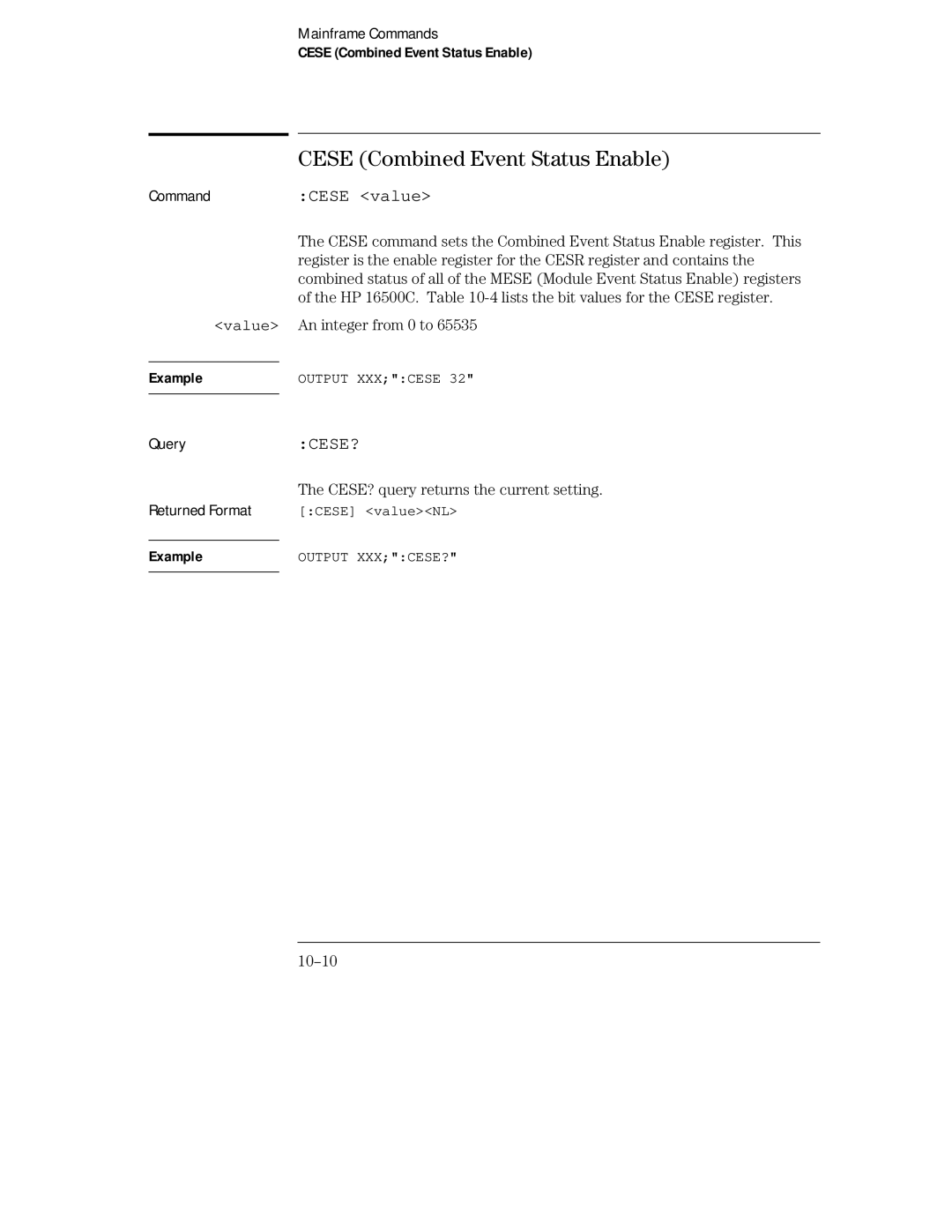 HP Sander 16500C manual Cese value, Cese?, Cese Combined Event Status Enable, CESE? query returns the current setting 