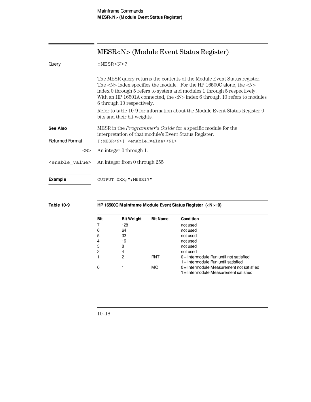 HP Sander 16500C manual Mesrn Module Event Status Register, Mesrn?, HP 16500C Mainframe Module Event Status Register N=0 