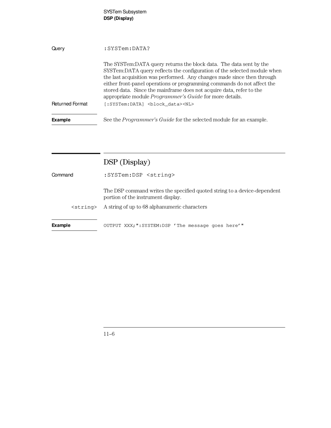 HP Sander 16500C manual DSP Display, QuerySYSTemDATA?, CommandSYSTemDSP string, 11-6 