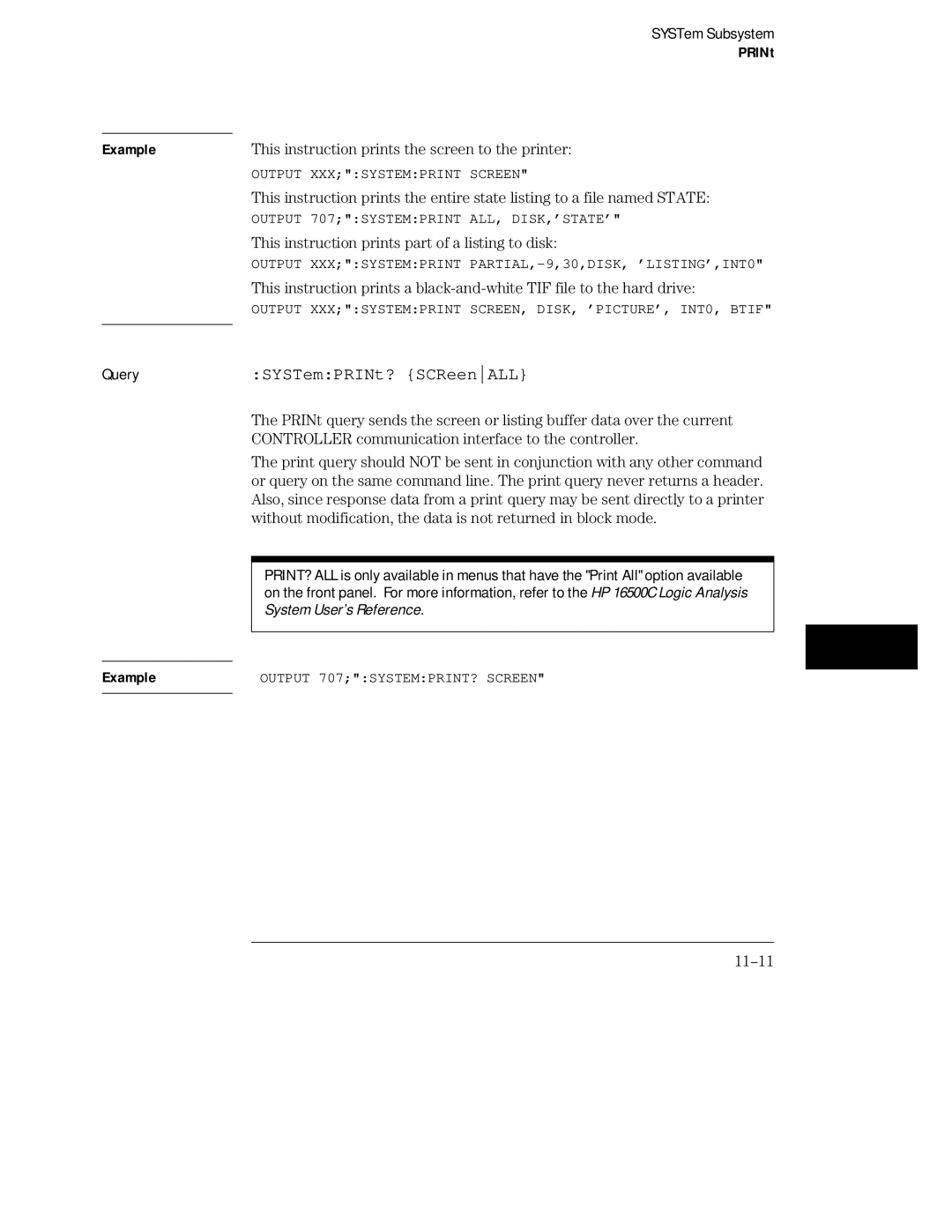 HP Sander 16500C manual SYSTemPRINt? SCReenALL, This instruction prints the screen to the printer, 11-11 