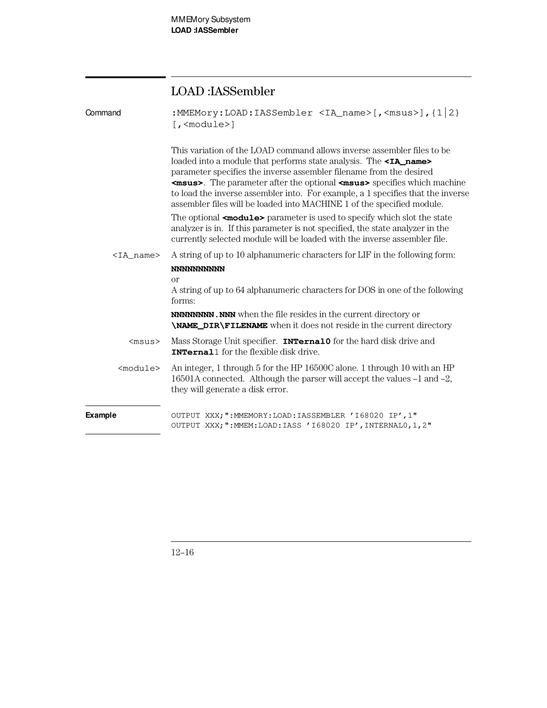 HP Sander 16500C manual Load IASSembler, CommandMMEMoryLOADIASSembler IAname,msus,12 ,module, 12-16 