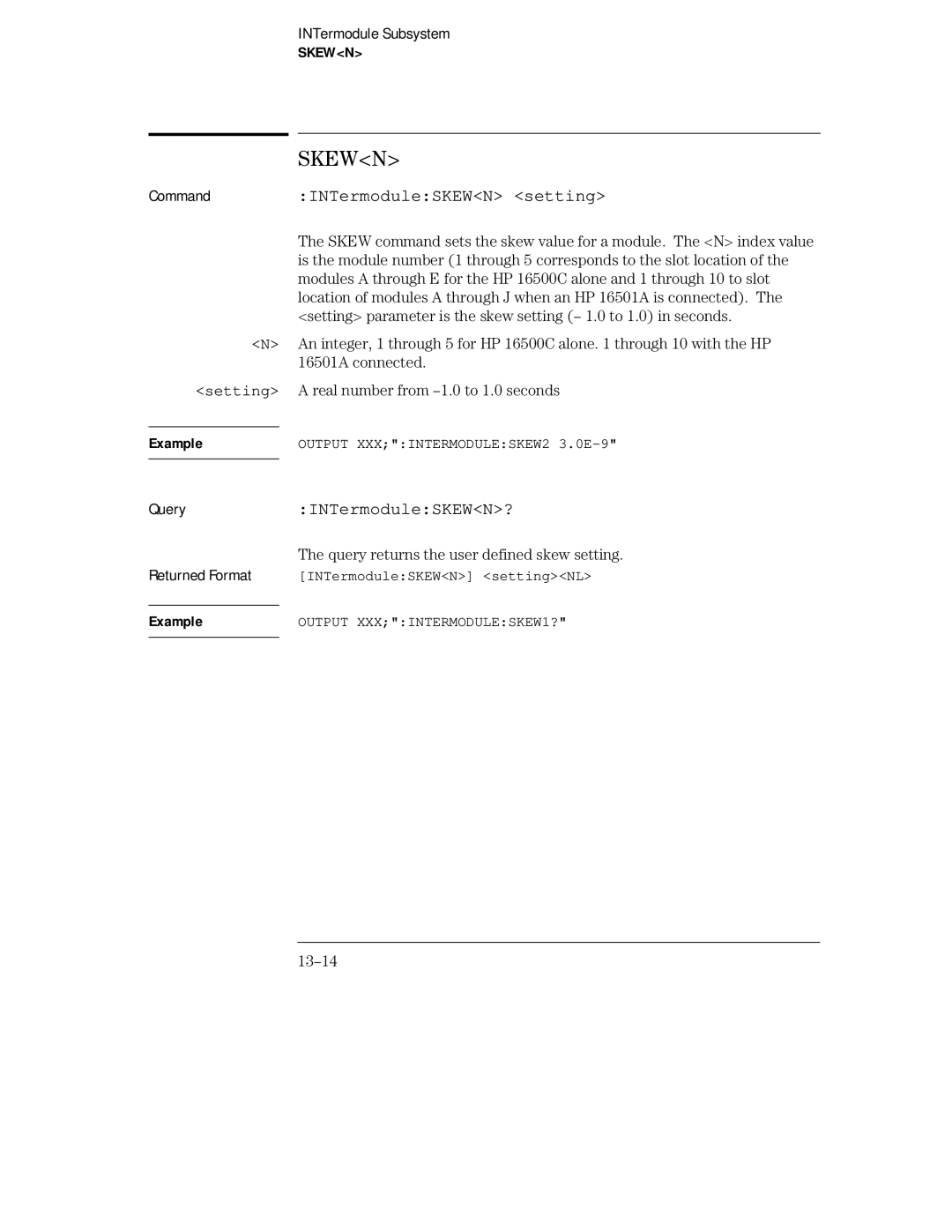 HP Sander 16500C CommandINTermoduleSKEWN setting, INTermoduleSKEWN?, Query returns the user defined skew setting, 13-14 