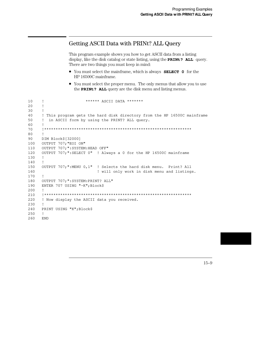 HP Sander 16500C manual Getting Ascii Data with PRINt? ALL Query 