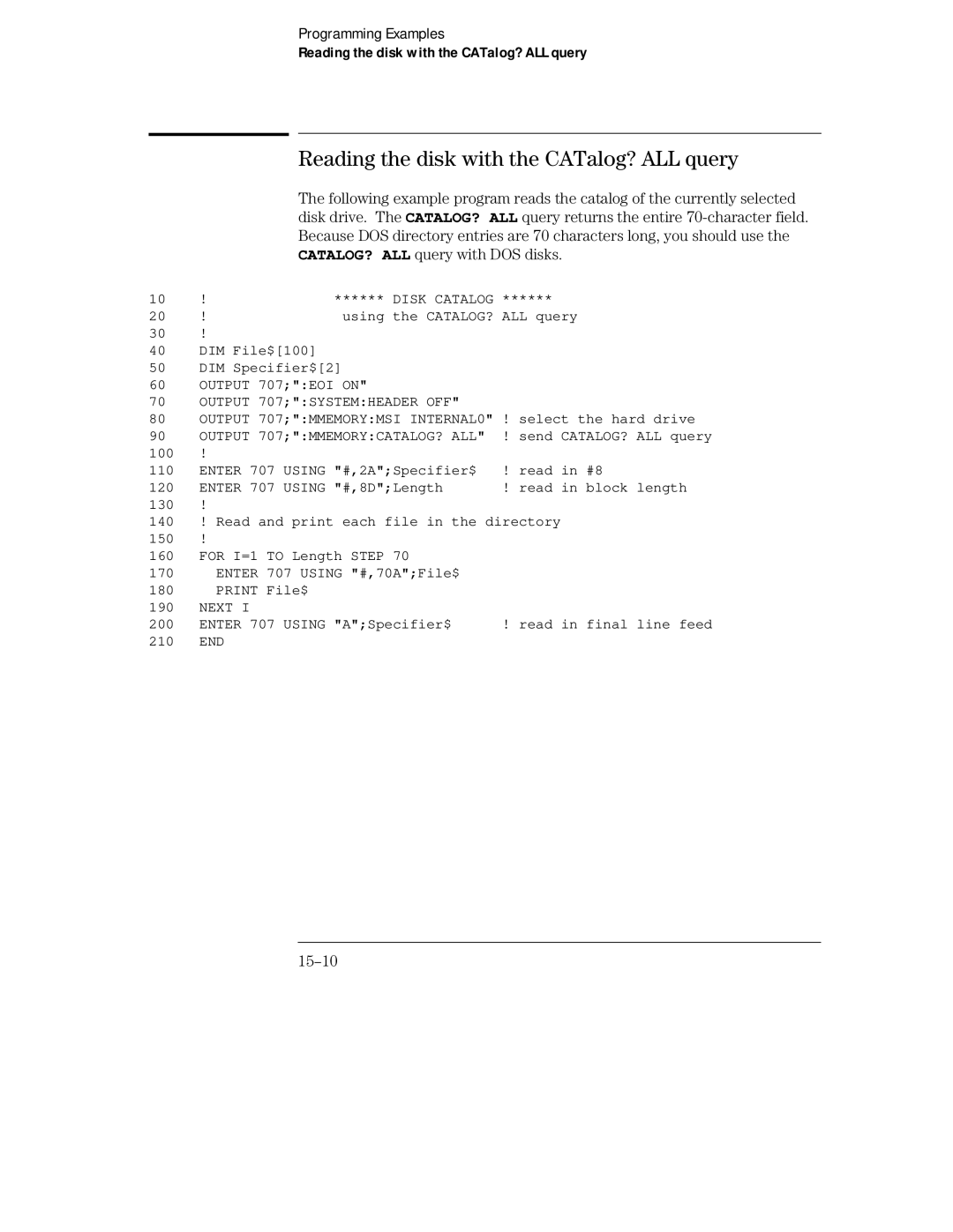 HP Sander 16500C manual Reading the disk with the CATalog? ALL query, CATALOG? ALL query with DOS disks, 15-10 
