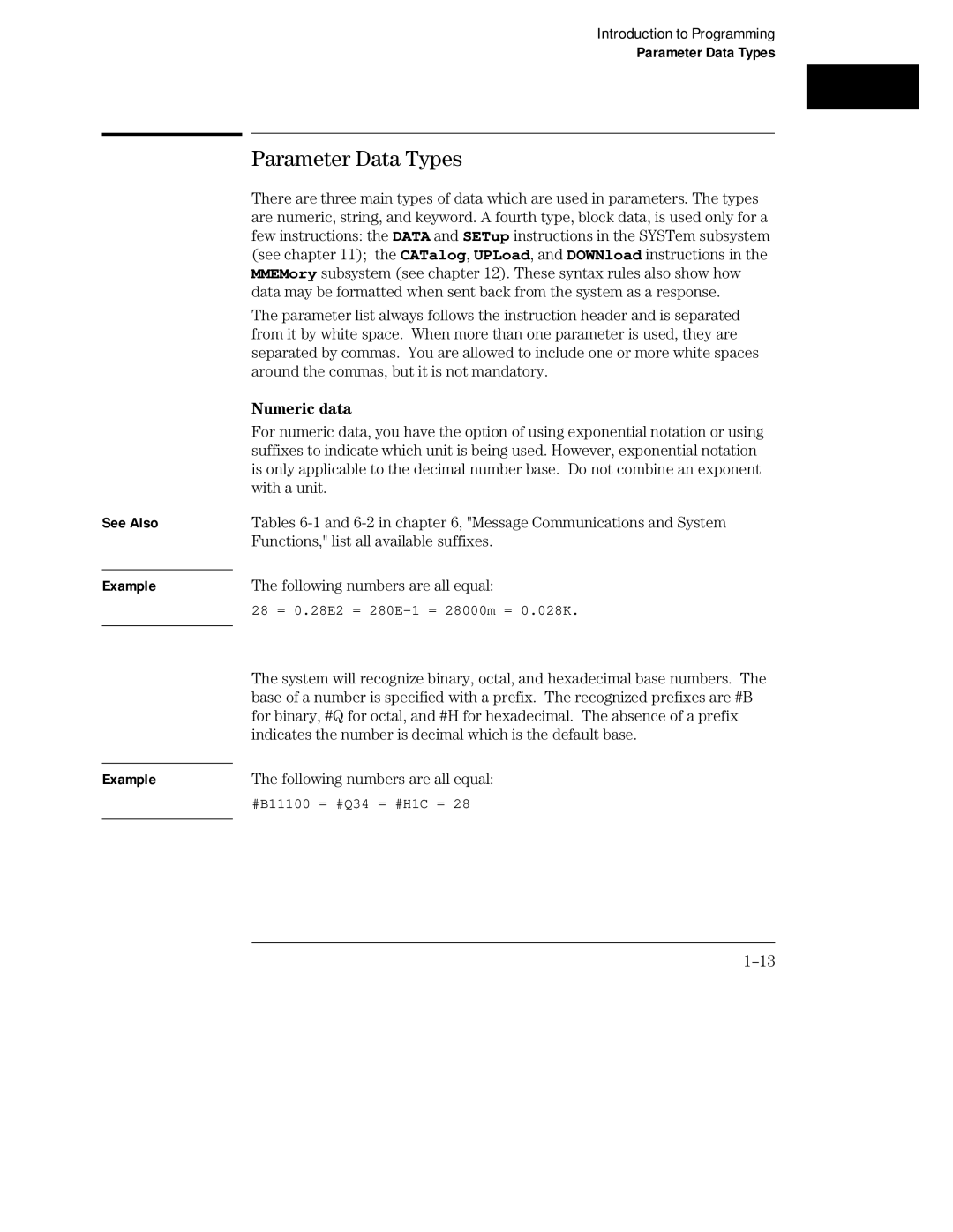 HP Sander 16500C manual Parameter Data Types, See Also Example, Numeric data 