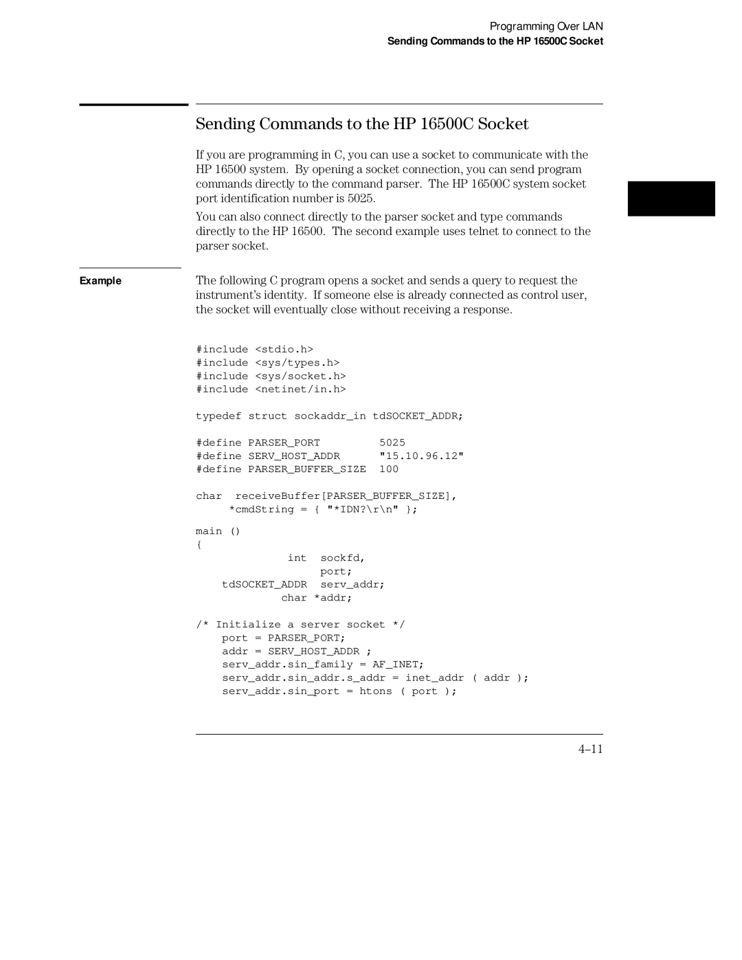 HP Sander 16500C manual Sending Commands to the HP 16500C Socket, Parser socket 