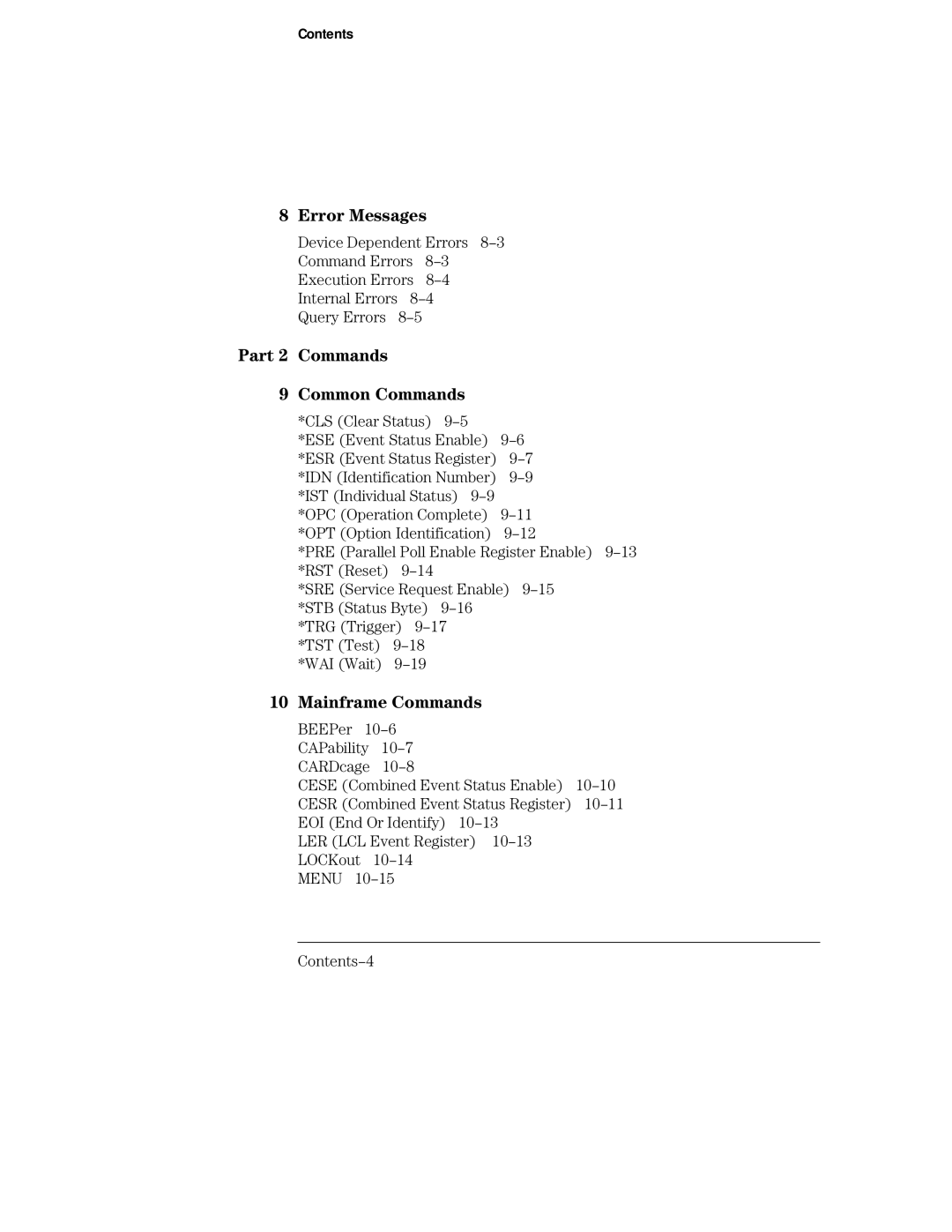 HP Sander 16500C Device Dependent Errors, Internal Errors Query Errors, CLS Clear Status ESE Event Status Enable, 10-11 