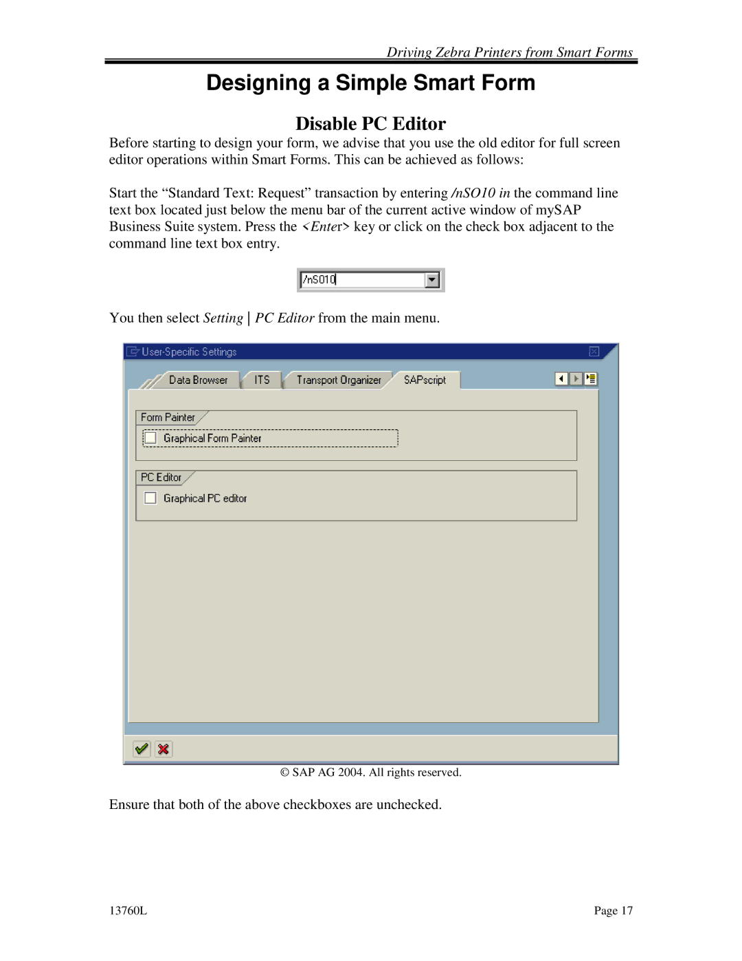 HP SAP Smart Forms and Zeberea Print manual Designing a Simple Smart Form, Disable PC Editor 