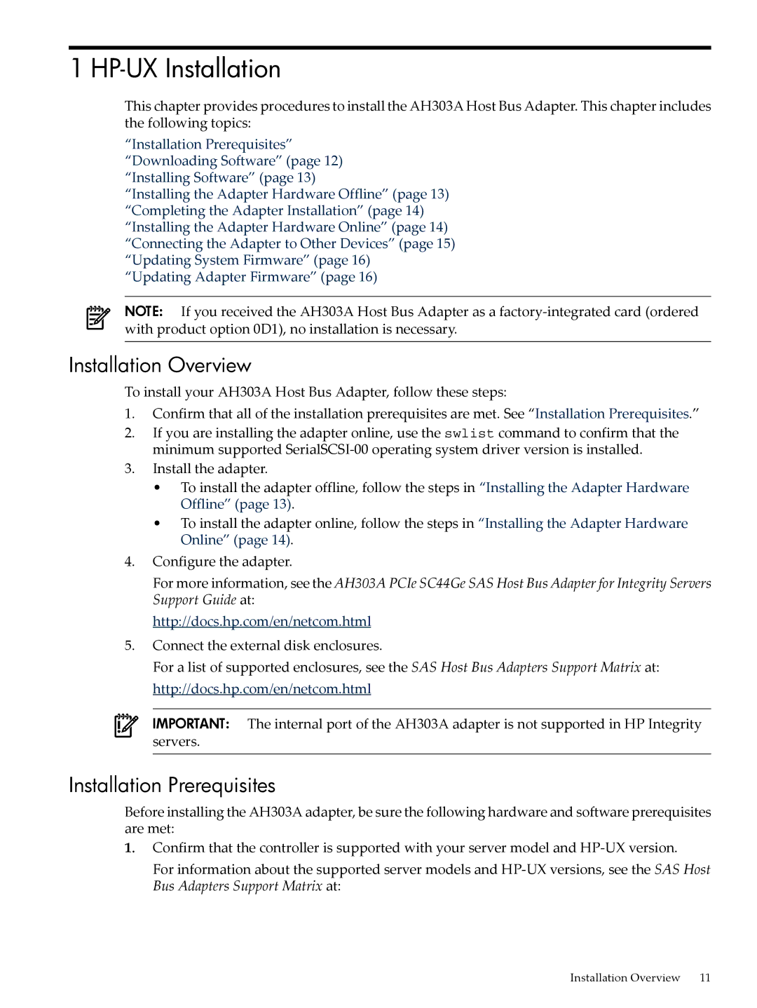 HP SAS Host Bus Adapters manual HP-UX Installation, Installation Overview, Installation Prerequisites 