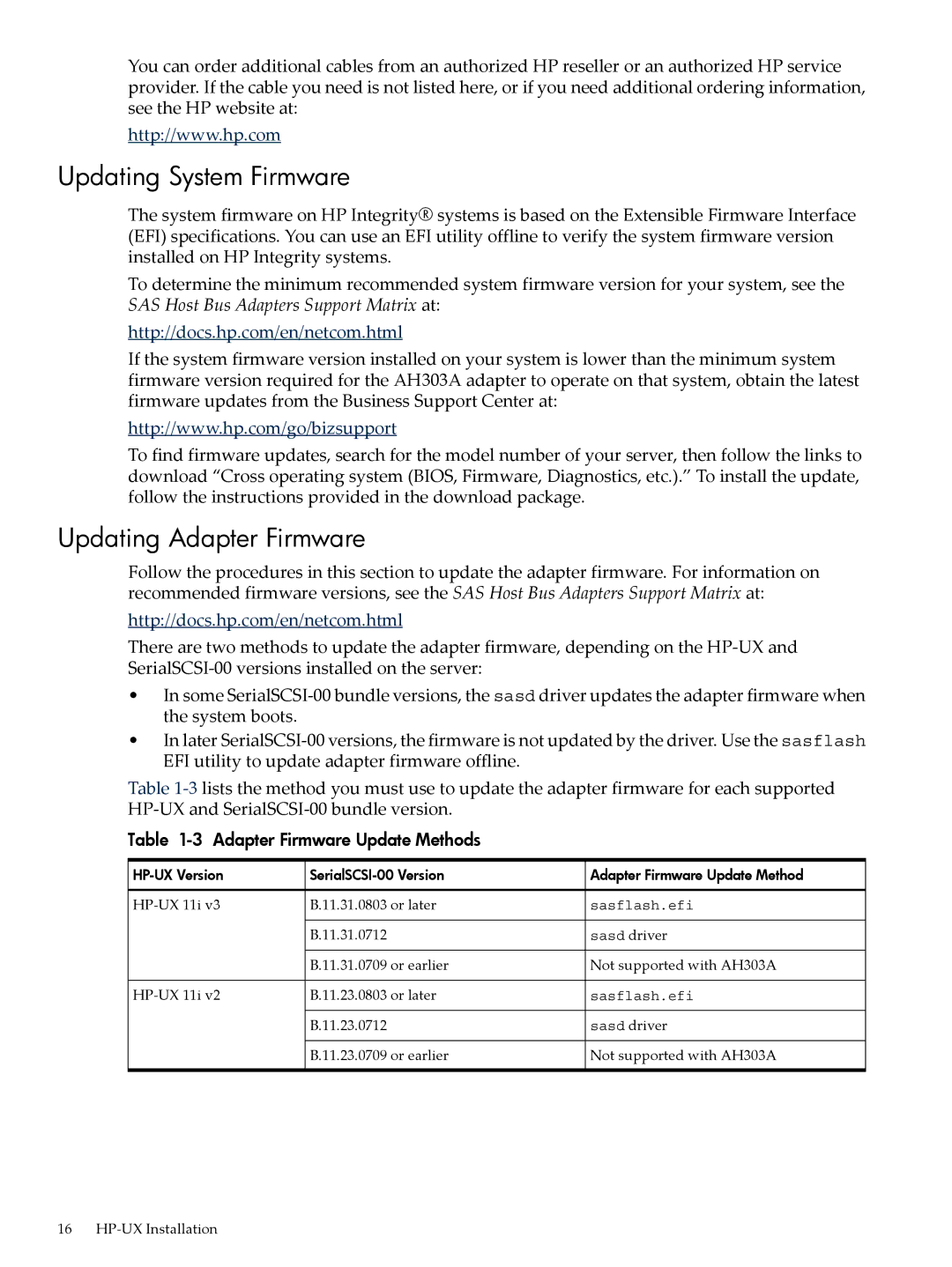 HP SAS Host Bus Adapters manual Updating System Firmware, Updating Adapter Firmware, Adapter Firmware Update Methods 