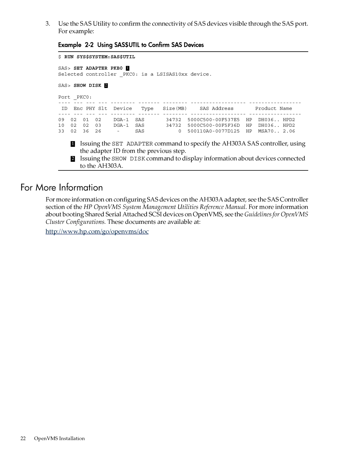 HP SAS Host Bus Adapters manual For More Information, Example 2-2 Using SAS$UTIL to Confirm SAS Devices 