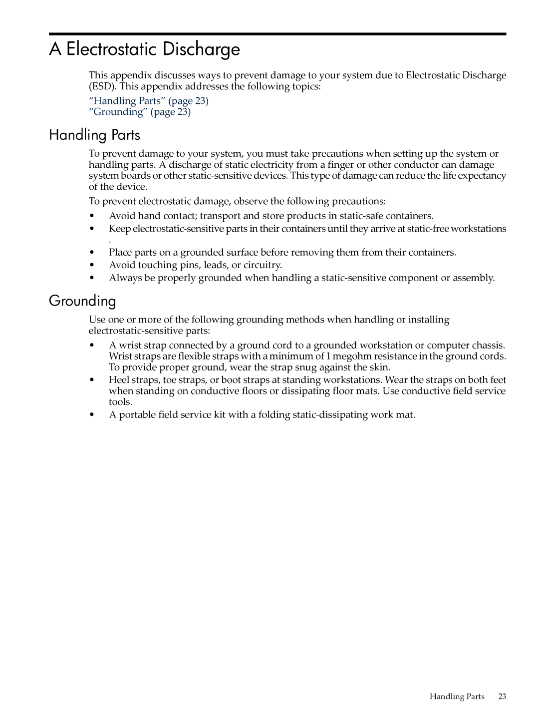 HP SAS Host Bus Adapters manual Electrostatic Discharge, Handling Parts, Grounding 