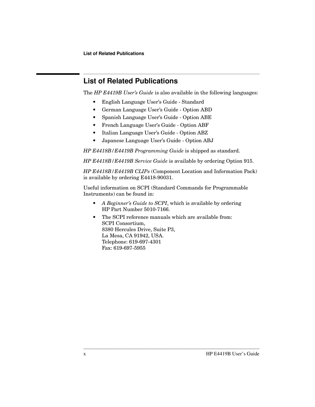 HP Saw E4419B manual List of Related Publications, HP E4418B/E4419B Programming Guide is shipped as standard 