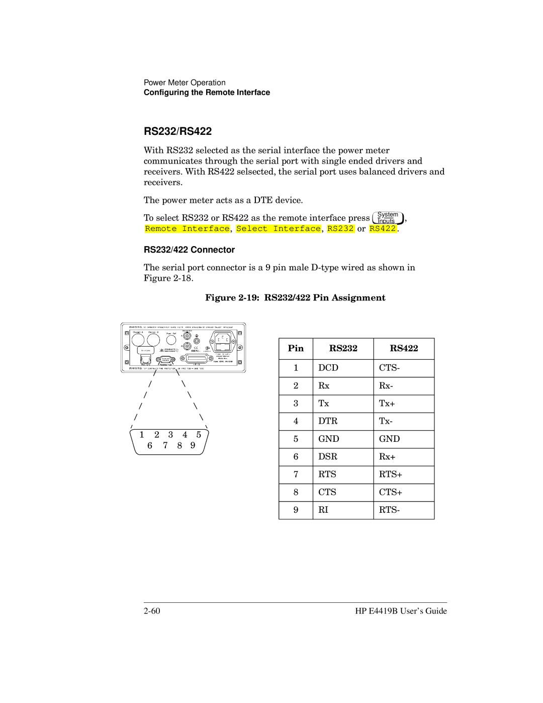 HP Saw E4419B manual RS232/RS422, RS232/422 Connector 