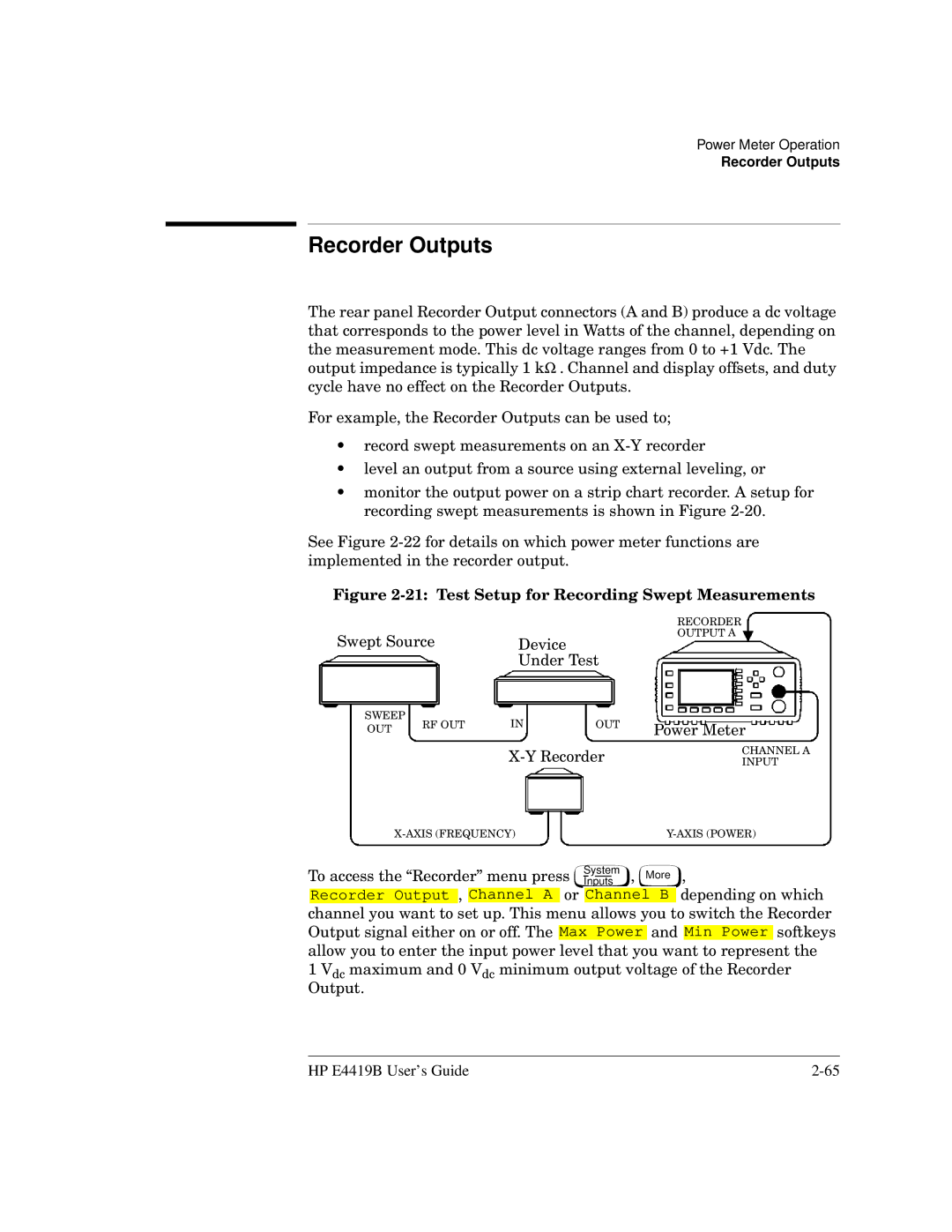 HP Saw E4419B manual Recorder Outputs, Test Setup for Recording Swept Measurements 