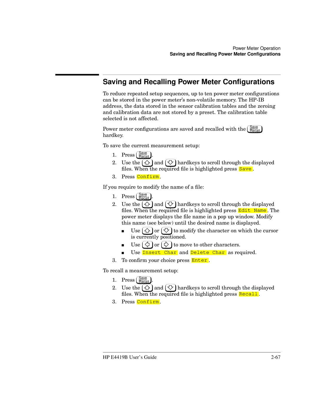 HP Saw E4419B manual Saving and Recalling Power Meter Conﬁgurations 