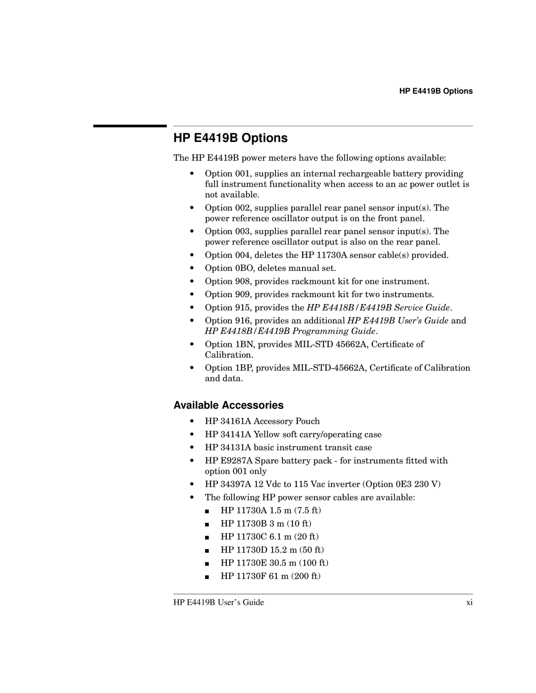 HP Saw E4419B manual HP E4419B Options, Available Accessories 