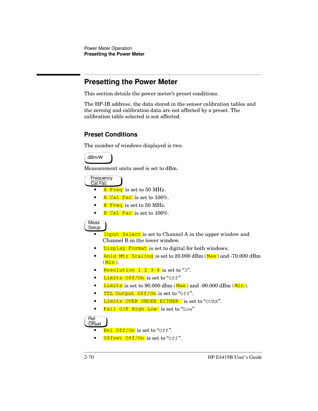 HP Saw E4419B manual Presetting the Power Meter, Preset Conditions 