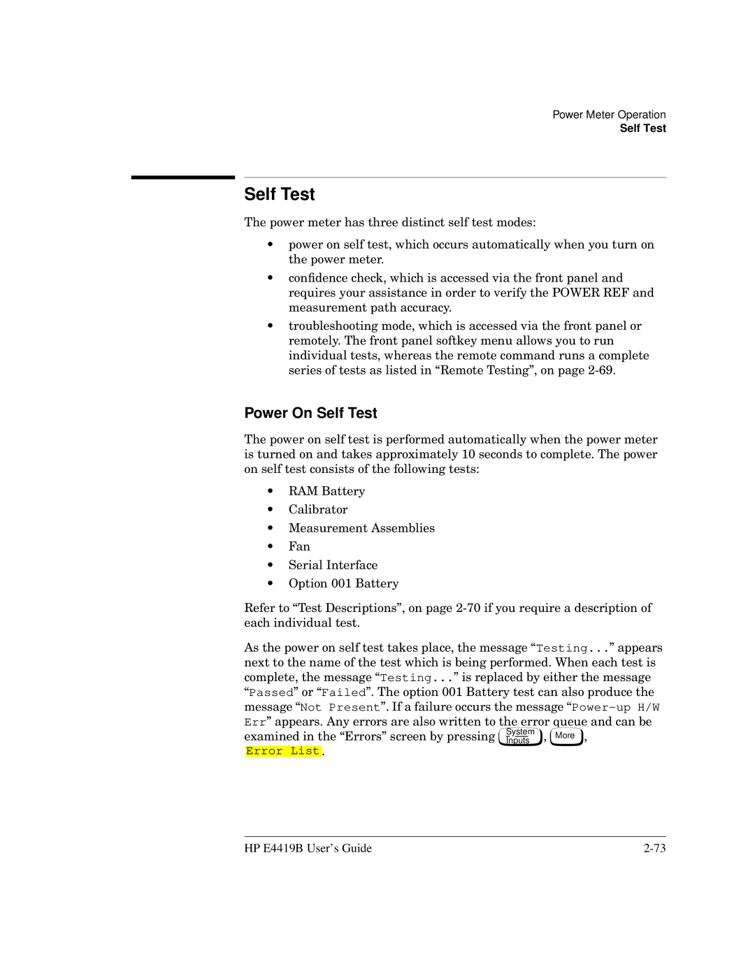 HP Saw E4419B manual Power On Self Test 