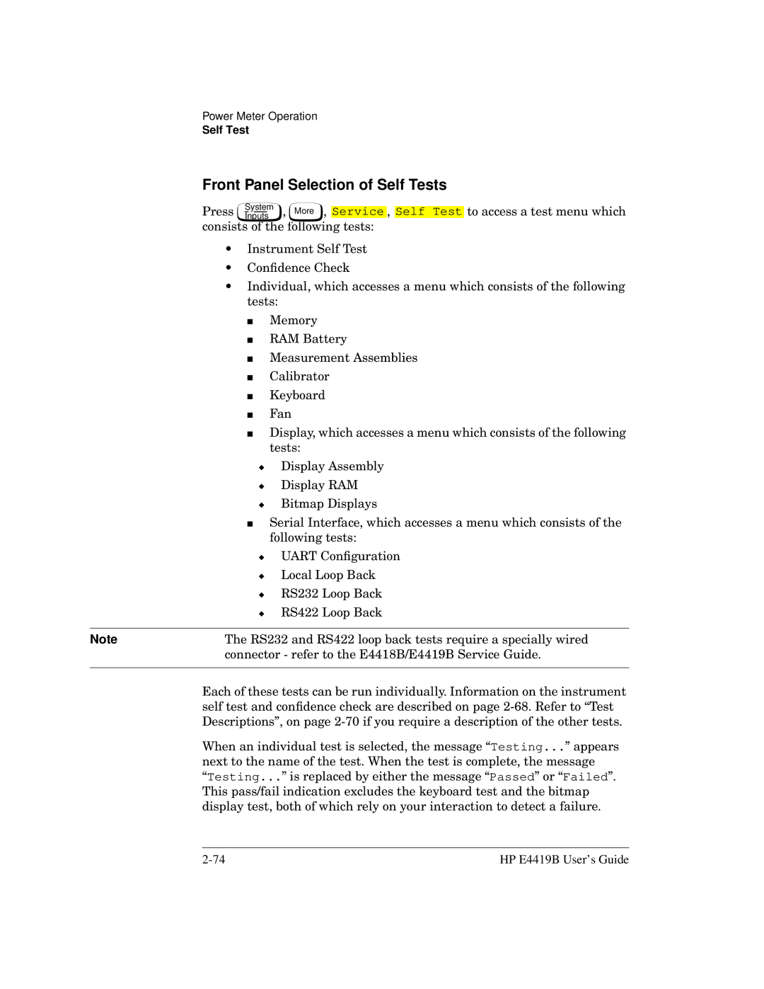 HP Saw E4419B manual Front Panel Selection of Self Tests 