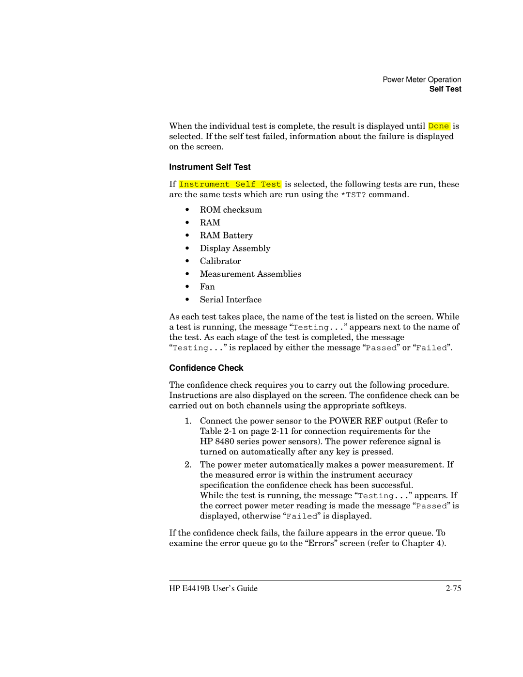 HP Saw E4419B manual Instrument Self Test, Conﬁdence Check 