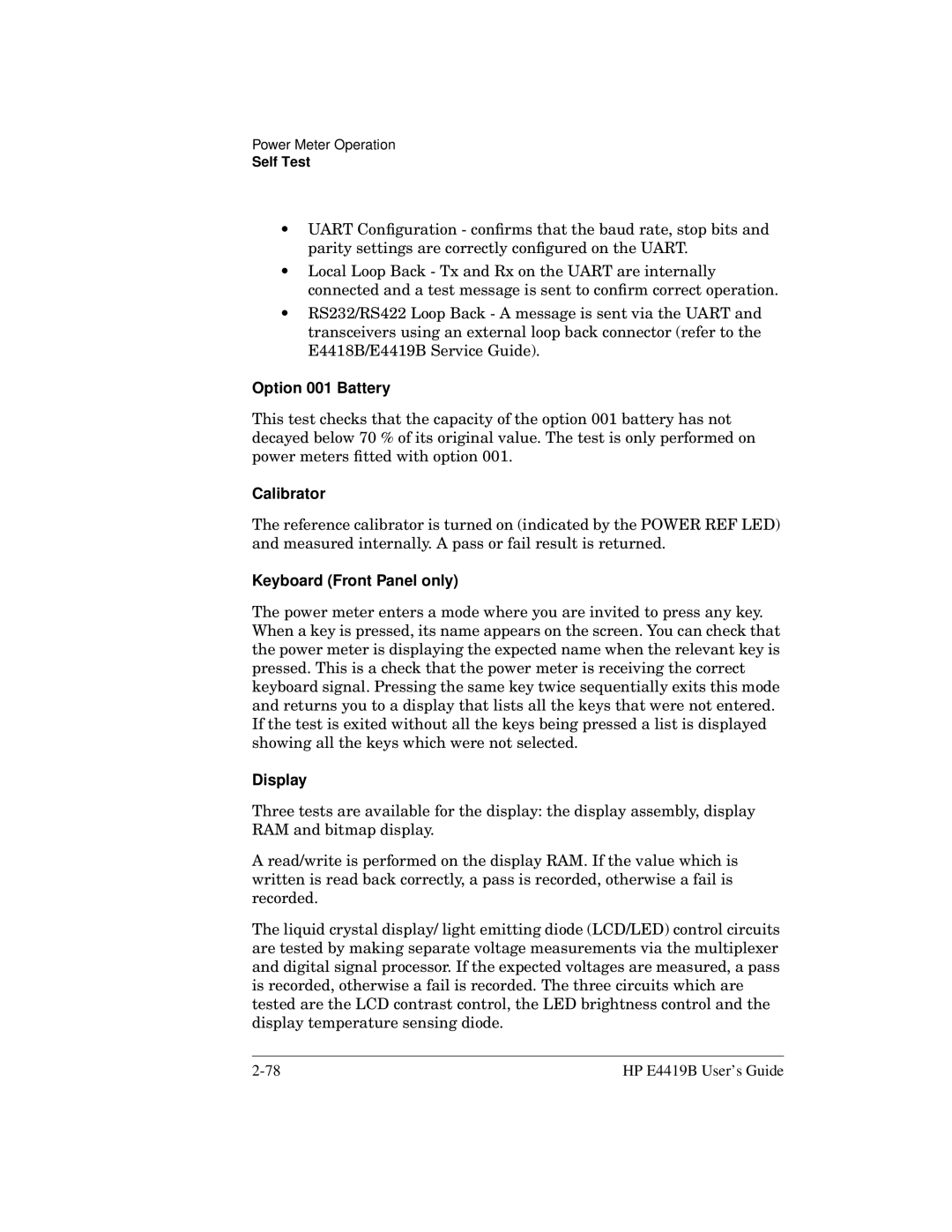 HP Saw E4419B manual Option 001 Battery, Calibrator, Keyboard Front Panel only, Display 