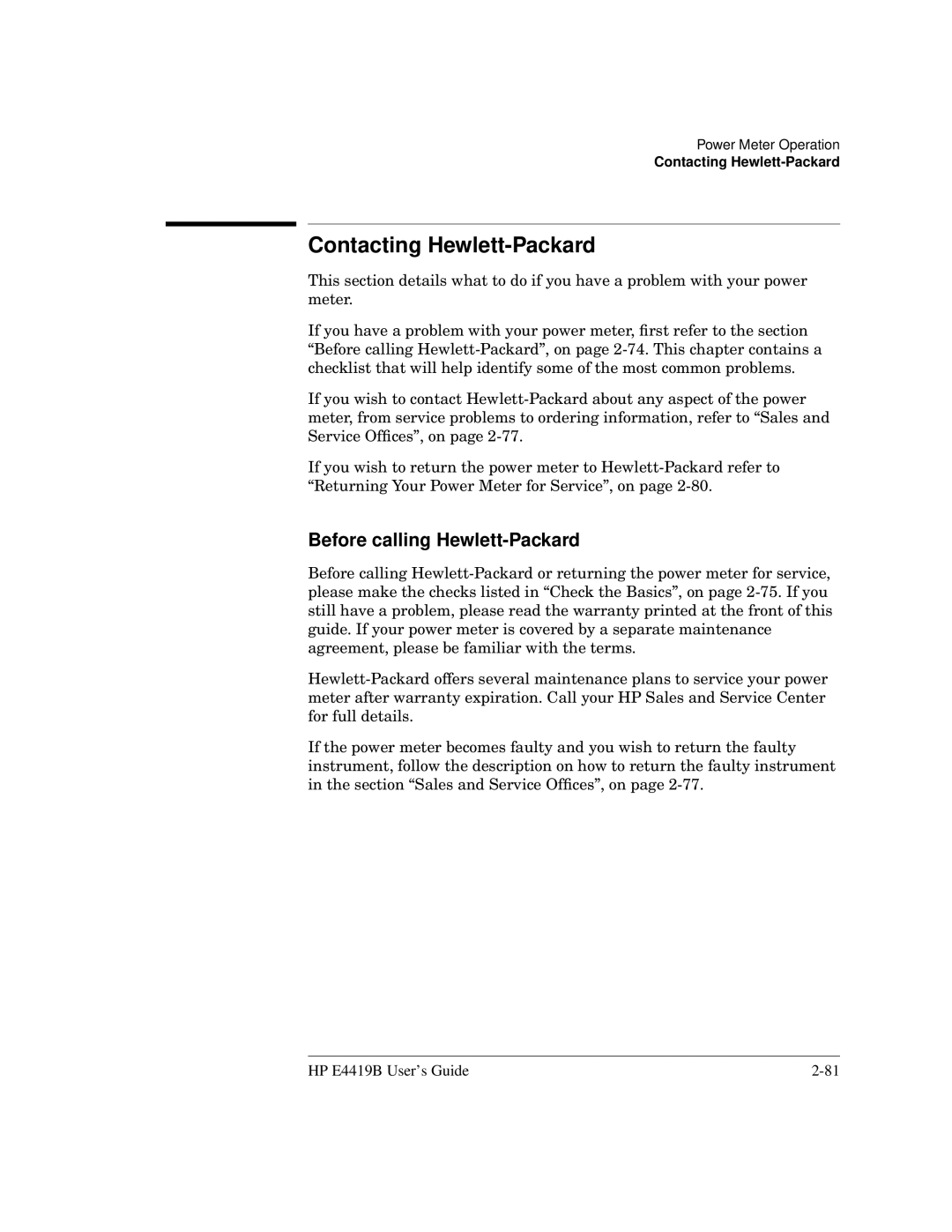 HP Saw E4419B manual Contacting Hewlett-Packard, Before calling Hewlett-Packard 