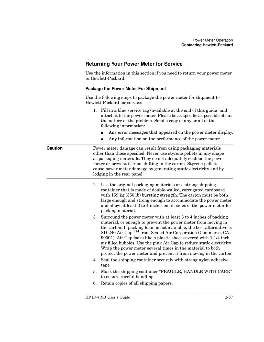 HP Saw E4419B manual Returning Your Power Meter for Service, Package the Power Meter For Shipment 