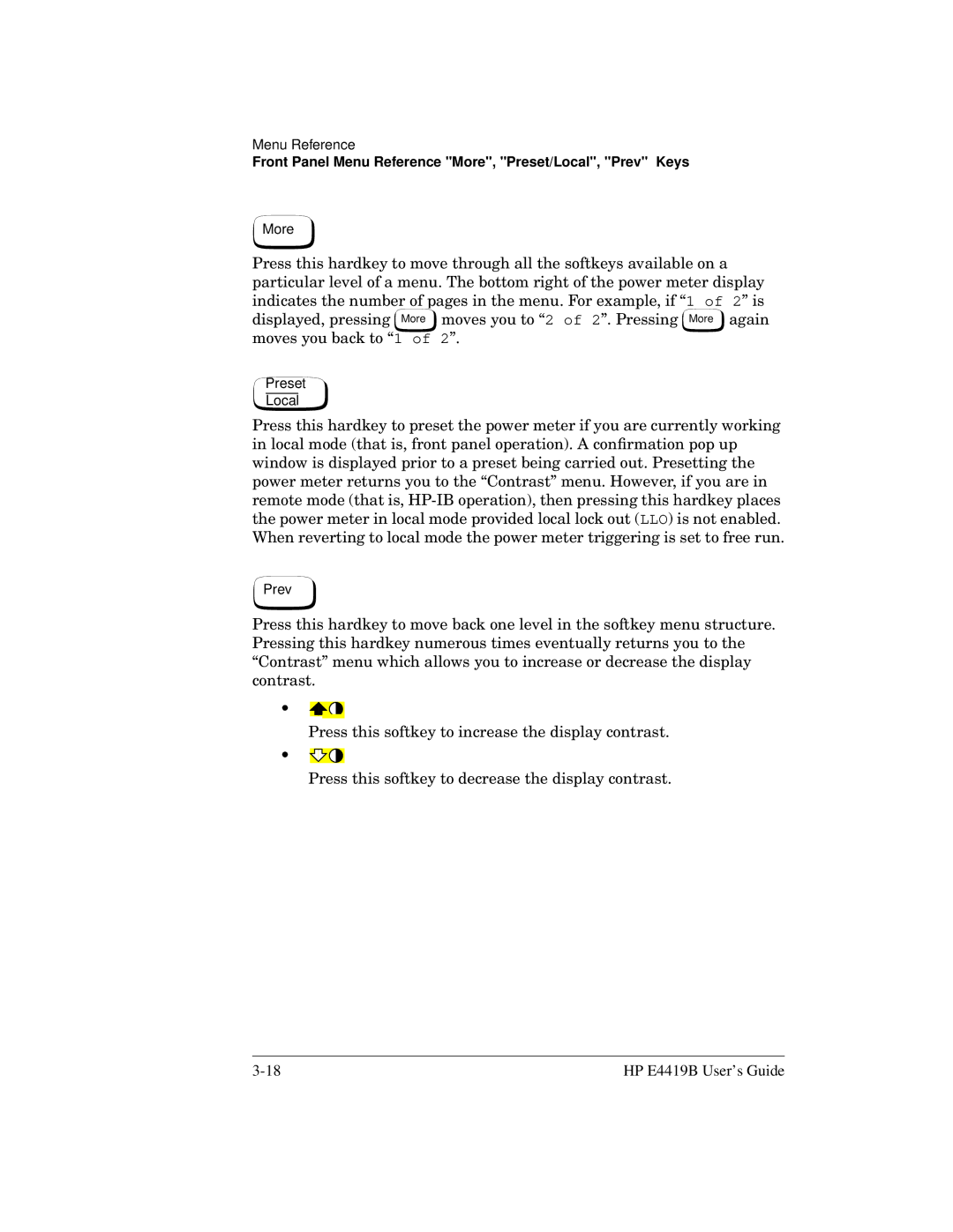HP Saw E4419B manual Front Panel Menu Reference More, Preset/Local, Prev Keys 