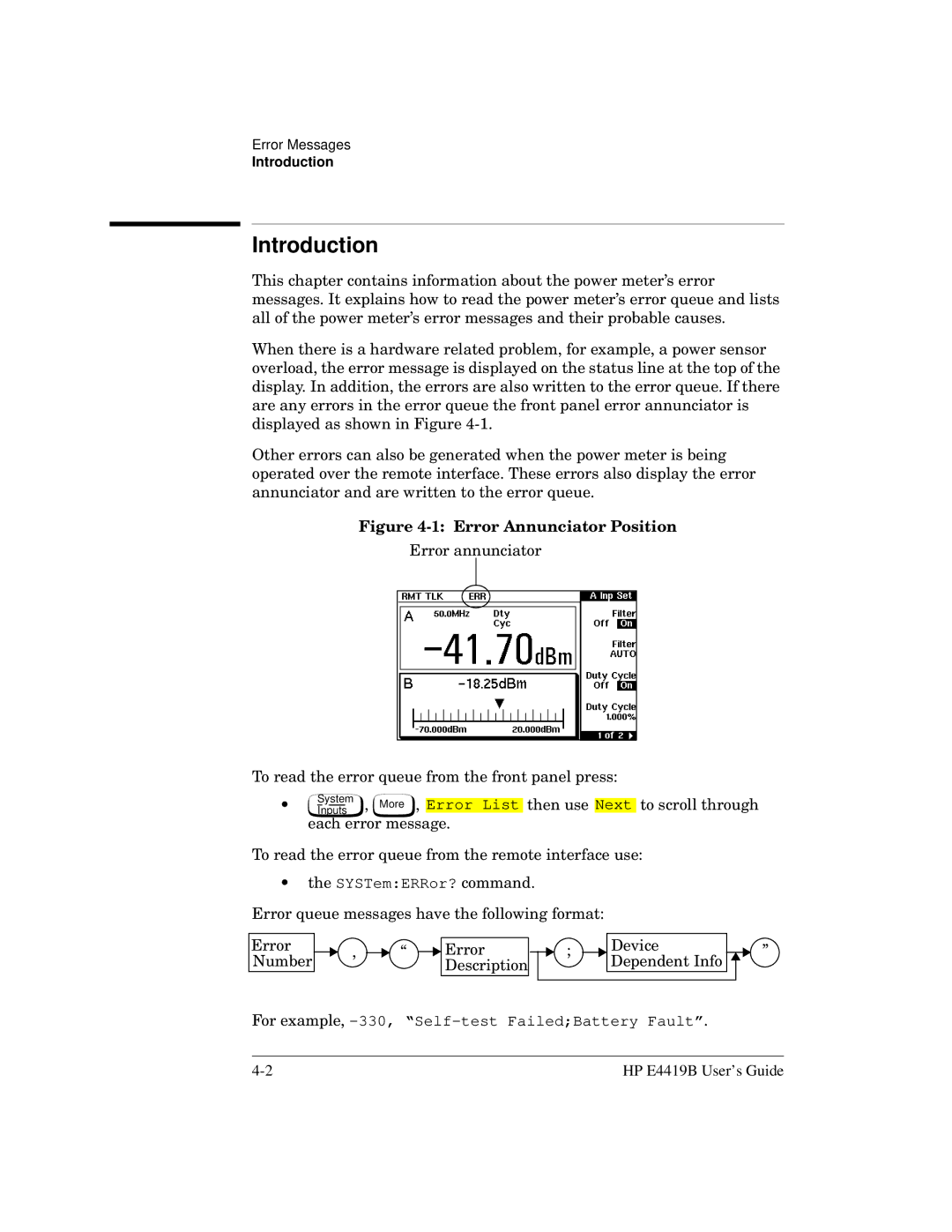 HP Saw E4419B manual Error Annunciator Position 